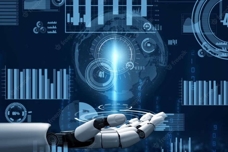 a robot is holding a hand in front of a digital background
